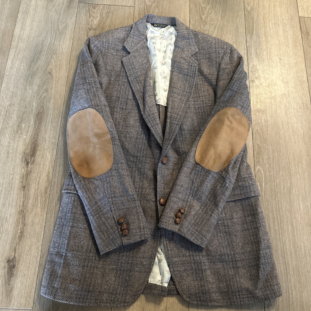 H.Baskin Tailored Wool Herringbone Brown Blazer Elbow Patches 42L 2‎ Button Vtg